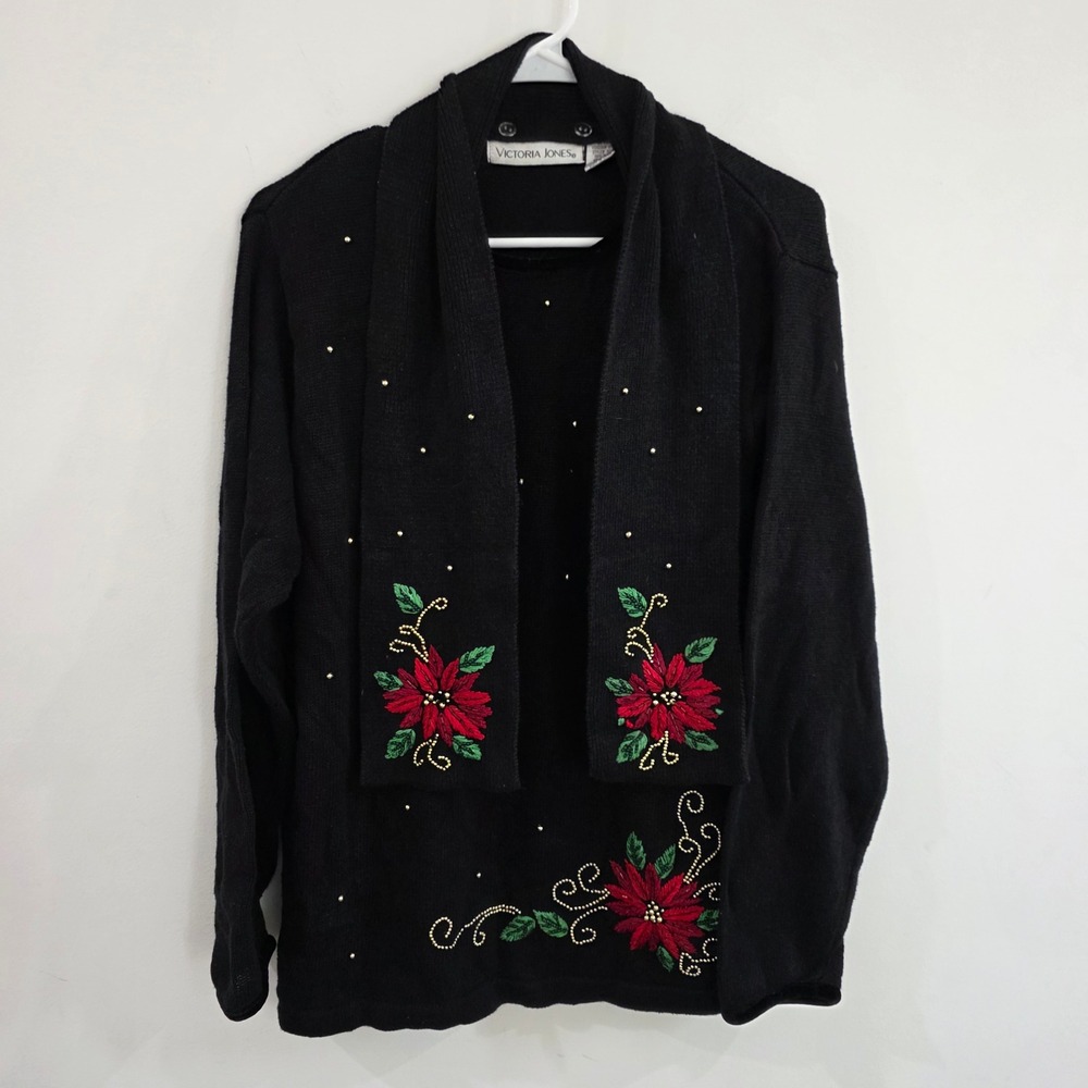 Womens Ugly Chrismtas Sweater Scarf Combo Size Large Poinsettia Floral Beaded